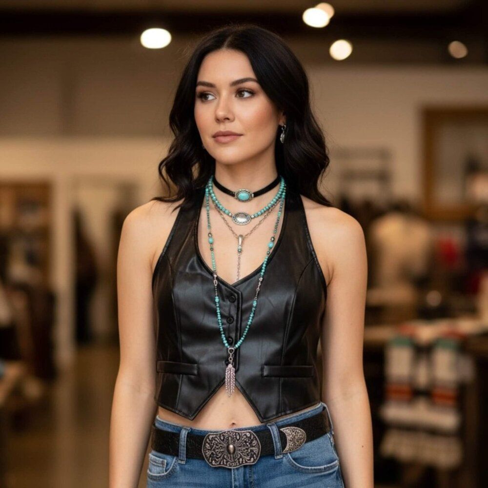 Black Faux Leather Button Up Cropped Halter Vest NWT